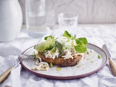 Een heerlijke belegde toast van zuurdesem ligt op een wit bordje met rood-paarse rand. De toast is belegd met vissla van rog, citroen en venkel. 