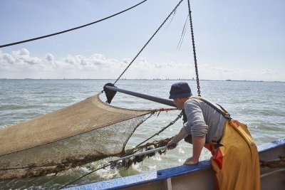 Visser aan boord van het schip