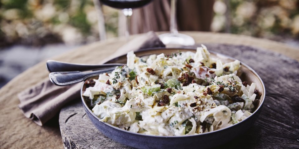 Een witloofsalade met yoghurtdressing, selder, rozijnen, appel en gember. Echt eentje om duimen en vingers van af te likken. De salade is geserveerd in een groot diep bord en staat op een boomstronkschijf.