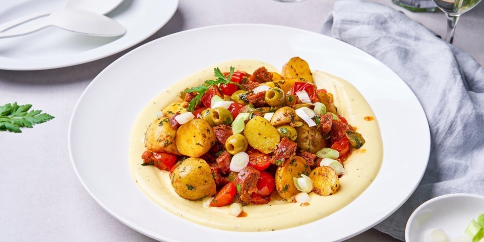 Een grote witte serveerschaal is gevuld met de aardappelsalade. Er werd eerst aioli opengesmeerd waarop de aardappelen, paparika, tomaatjes, olijven en chorizo op liggen. Een heerlijk bijgerecht met vele zuiderse smaken. 