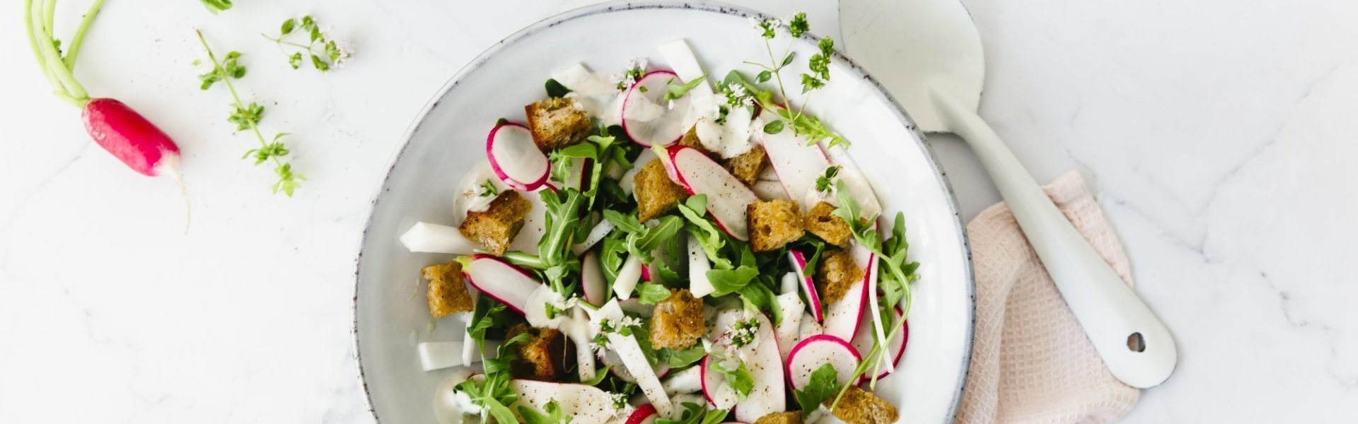 Een rijkgevulde groene salade van rauwe koolrabi met radijsjes, croutons van zuurdesembrood en een ansjovisdressing. Er liggen enkele radijsjes langs voor de sfeer en de dressing staat erbij. Er ligt een licht roze servette bij.